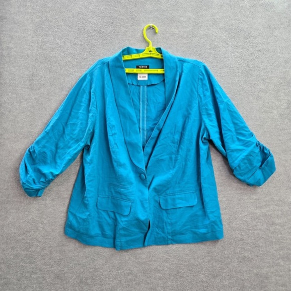 TORRID Women Jacket 2 Blue Blazer Linen Blend 3/4 Sleeve Button Up‎ Pockets